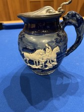 Antique Doulton Lambeth Stoneware Hunting Jug c.1860 Pewter Lid & Dog Handle