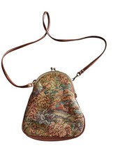 Vintage Tapestry Purse Shoulder Bag with Kiss Lock Clasp Forest/Horse Rider