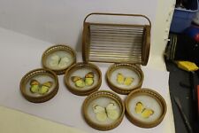 Vintage Butterfly Bamboo & Glass Coasters X 6 With Holder/ Carry Tray