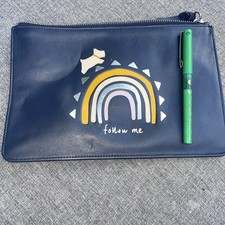 Radley NAVY RRP £85 blue LEATHER CLUTCH Silver 25x16 Organizer Rainbow Dog Fab