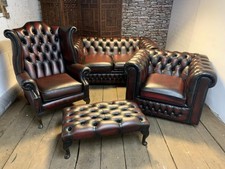 Chesterfield suite 2 seater Queen Ann & club chairs + stool in ox blood red 