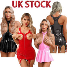 UK Women PVC Leather Cupless Ruffled Dress Halter Sleeveless Backless Mini Dress