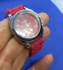 Ladies Silver Tone Cotton Traders Watch With Plum Red Silicone Strap