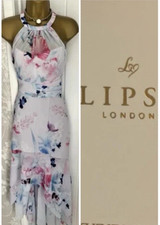 Lipsy Blue Floral Maxi Dress 16 Xmas Halter Occasion Wedding Party Dip Hem