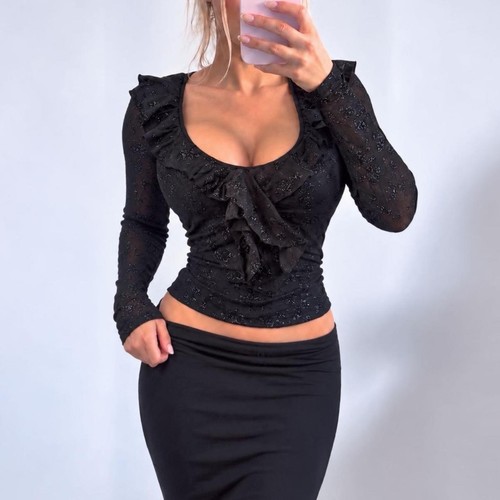Vintage black mesh long - , sleeve