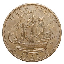 Great Britain Half Penny 1965 Bronze Coin Elizabeth II FREE DELIVERY O182