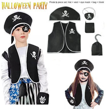 Halloween Kids Pirate Cosplay Costume Skull Eye Vest Hat Blinder Hook Clothing
