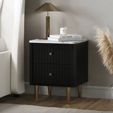Black 2-Drawer Marble Top Fluted Bedside Table - Lucia LUU004