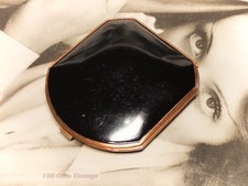 Small shiny black and gold art deco Vintage Powder Compact: Makeup Mirror-0v