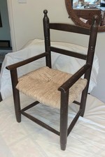 Vintage Children's Brown Wooden Armchair with Blue & Yellow Plastic Woven Seat