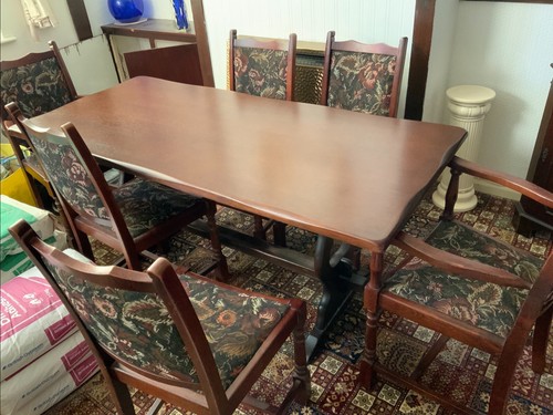 Dark oak table and tapestry - dark,