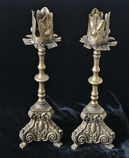 Vintage Pair Neo-Gothic Candlestick Candlestick Holders Gold Gilt Metal...