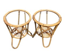 Pair Of Vintage Bamboo Round Coffee Tables / Occasional Tables