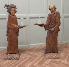 Pair of Tall Carved Japanese Figures, Dumb Waiters or Card Butler