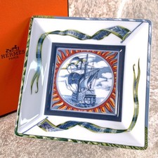Vintage Hermes Paris Vide Poche Change Tray Patchwork Porcelain 12cm with Case