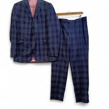 Clement Church Suit 42L 37 L Blue/Pink Check Wool Men's Wedding Event Preloved