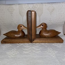 VINTAGE MALLARD DUCKS BOOK ENDS HAND CARVED WOOD GLASS EYES  . 14.5cm