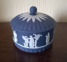 Wedgwood Portland Blue Neoclassical Jasperware Round Fluted Trinket Box