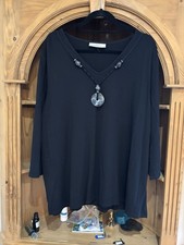 Ann Harvey Black V Neck Long sleeved Ladies Top Size 26 With Large Pendent Front