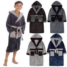 Kids Dressing Gown Boys Childrens Hooded Soft Fleece Winter Contrast Robe