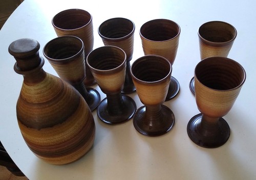 Pottery decanter and - decanter, goblet