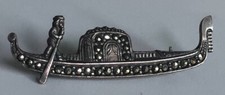 Antique 800 Sterling Silver Marcasite Stones Royal Bandola Boat Lapel Pin 1900s