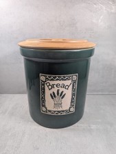 Vintage Green ceramic bread crock bin wooden lid wheat cottage farmhouse kitchen