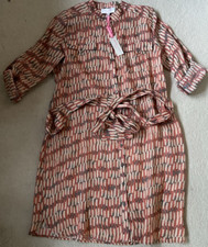 Gharani Strok Orange & Beige Patterned  Collarless Shirt Dress UK Size 12 BNWT