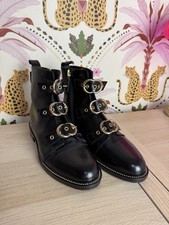 Russell & Bromley Striker Leather Buckle Biker Boots Size 37 UK 4 Oxblood Gold