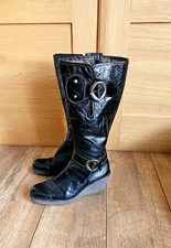 Fly London Patent Leather Knee High Black Boots Buckles Wedge Heel Size Uk 7...