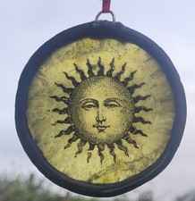 Stained Glass Sun suncatcher yellow painted leaded hanging piece
