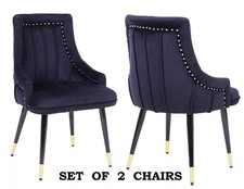 Set of 2 Black Velvet Dining Chairs , Velvet Upholstered , Gold tip legs