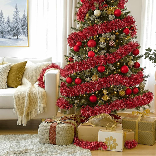 Red christmas tinsel extra - red,