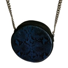 Blue Snake Skin Effect Round Handbag with Shoulder Strap and Zip Closure