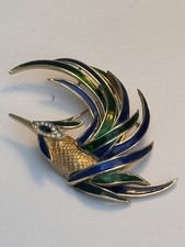 RARE Crown Trifari Bird of Paradise Enamelled Rhinestone Brooch gold tone 