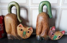 Lovely Pair Hand-Carved Wooden Cats Figurines-Tail Up.H-18cm/W-650g.FunyOrnament