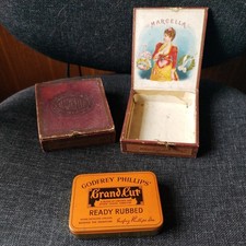 2 VINTAGE WOODEN EMPTY MARCELLA  CIGAR BOXES AND GODFREY PHILLIPS TOBSCCO TIN