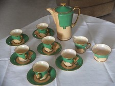 Stunning Art Deco 1930s Crown Devon Coffee Set, Green and Beige with Gold Trim