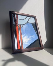 Vintage rustic Artdeco wooden framed mirror with stained glass.