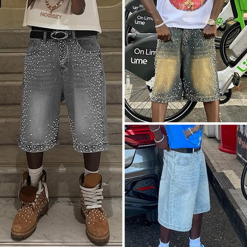 Men rhinestone denim shorts - men's,