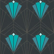 Debona Isadora Art Deco Retro Glitter Textured Black Teal Gold Wallpaper 2493