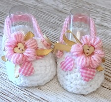 BABY CROCHET SUMMER CROCS  RIBBON SHOES SANDALS  WHITE PINK FLOWERS HEART .