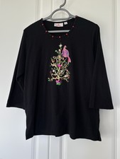 Quacker Factory 3/4 Sleeve Christmas Top, Beads / Sequins Black Mix L Fit 16