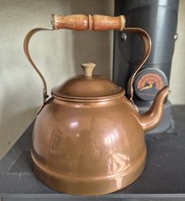 Vintage Copper Kettle Made In Portugal - Wooden Handle 22cm High 18cm Diameter 