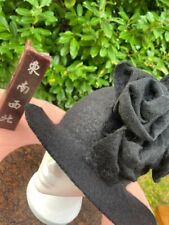 Ladies hand made pure Merino felted wool black hat with floral motif