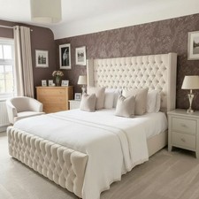 Wingback Bed Frame Plush Velvet Upholstered Gas Lift Storage &Mattress All Sizes