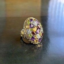 STERLING SILVER 925 Gilt (UK N) Chunky Multi Gem Cocktail Ring Statement TJC