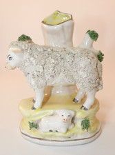 Antique Victorian 5 1/2" Staffordshire Spill Vase Sheep & Lamb c1850s VGC