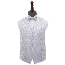 Silver Woven Floral Mens Wedding Waistcoat And Bow Tie Set S-5XL