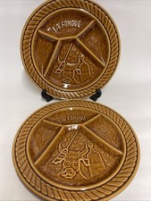 Vintage Pair French Amber Sarreguemines Fondue BBQ  Majolica Sectioned Plates